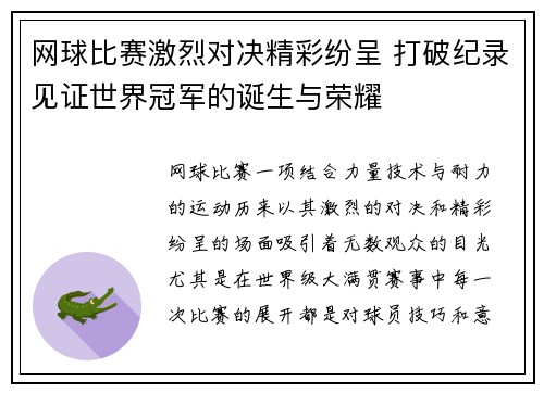 网球比赛激烈对决精彩纷呈 打破纪录见证世界冠军的诞生与荣耀
