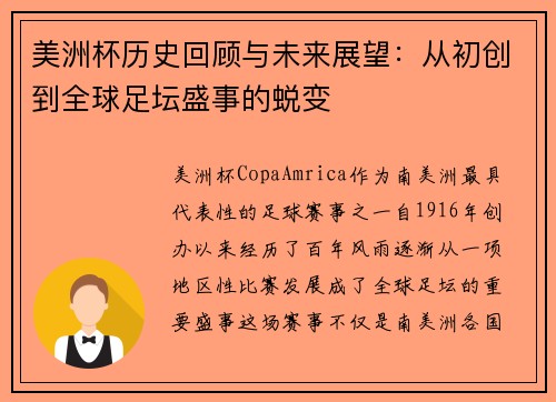 美洲杯历史回顾与未来展望：从初创到全球足坛盛事的蜕变