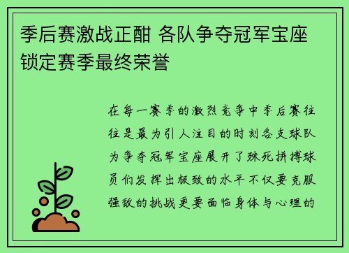季后赛激战正酣 各队争夺冠军宝座 锁定赛季最终荣誉