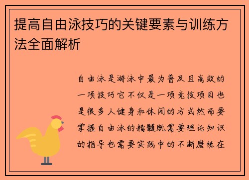 提高自由泳技巧的关键要素与训练方法全面解析