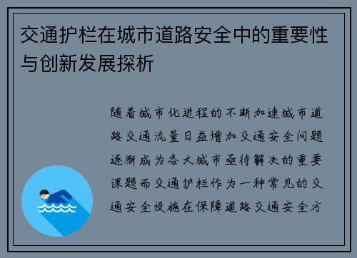 交通护栏在城市道路安全中的重要性与创新发展探析